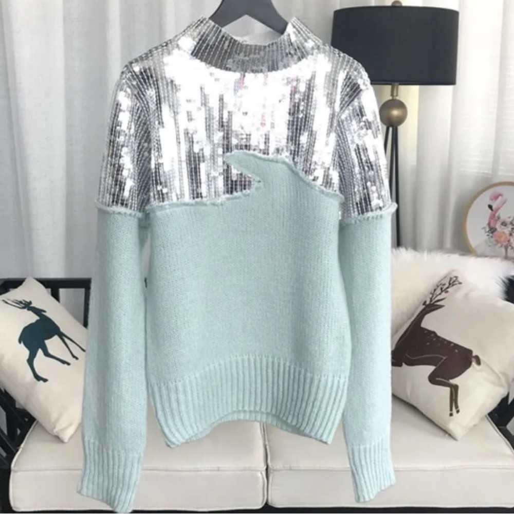 Silver and Light Blue Sequin Sweater